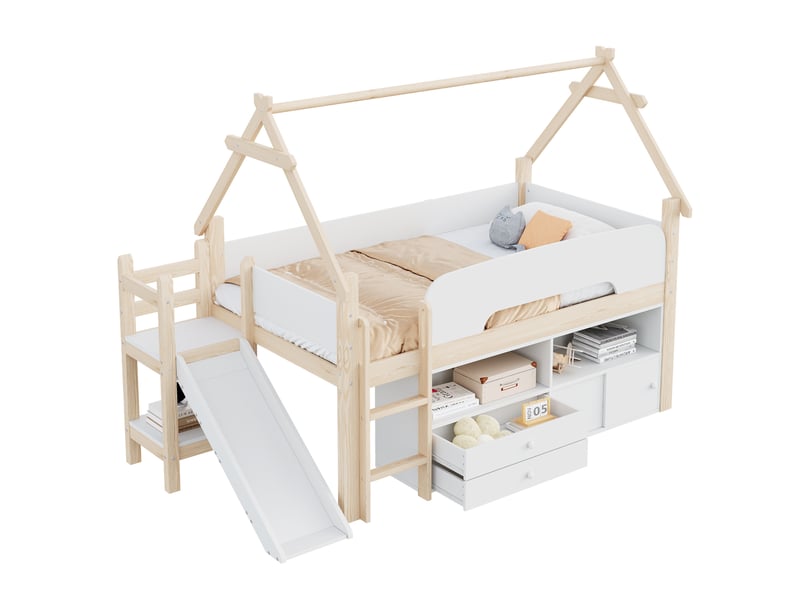  Lit mezzanine enfant tcqpz 90 x 200 cm avec toboggan, cadre toit, rangements et barrières bois et mdf naturel blanc  - Conforama A