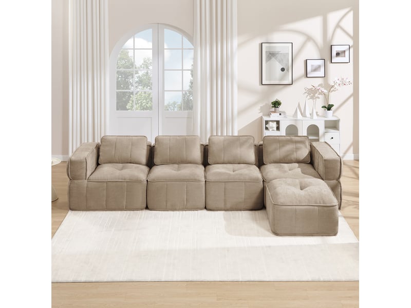  Canapé d'angle modulaire 4 places sans cadre avec pouf, assise profonde et mousse 32d, en polyester beige  - Conforama D