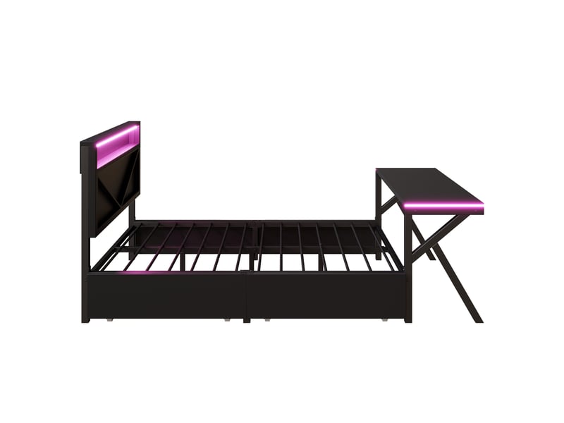  Lit simple gaming en métal 140 x 200 cm avec tête de lit à led, lit adulte noir, lit 1 personne a bureau à led et deux tiroirs  - Conforama B
