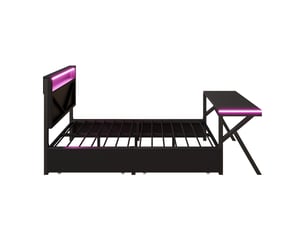 Lit simple gaming en métal 140 x 200 cm avec tête de lit à led, lit adulte noir, lit 1 personne a bureau à led et deux tiroirs