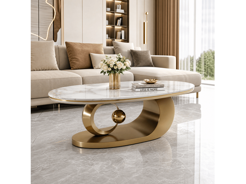  Table basse ovale 120x67x41 cm plateau aspect marbre blanc et structure en métal doré, pour salon, au design élégant  - Conforama B
