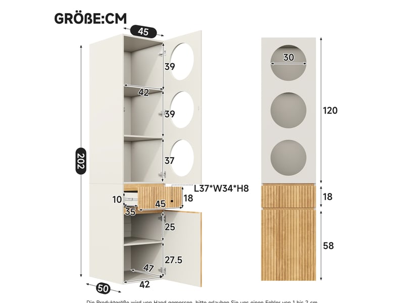  Armoire colonne 45x50x200 cm, 2 portes, 1 tiroir, mdf et panneau, gris clair et naturel, rangement compact déco, déco  - Conforama C
