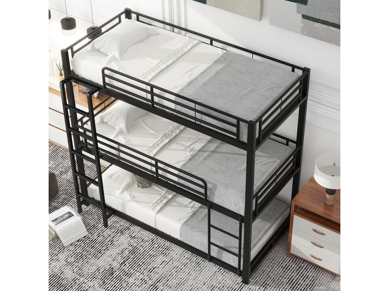  Lit superposé triple en métal 3x90x200 cm avec garde-corps de sécurité, structure robuste, pour enfants, adolescents et adultes, en 747, noir  - Conforama D