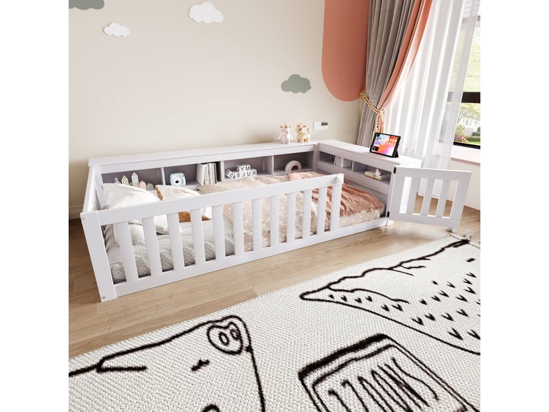  Lit enfant avec rangement, 90x200, en bois massif blanc, barrière de sécurité et sommier à lattes  - Conforama B