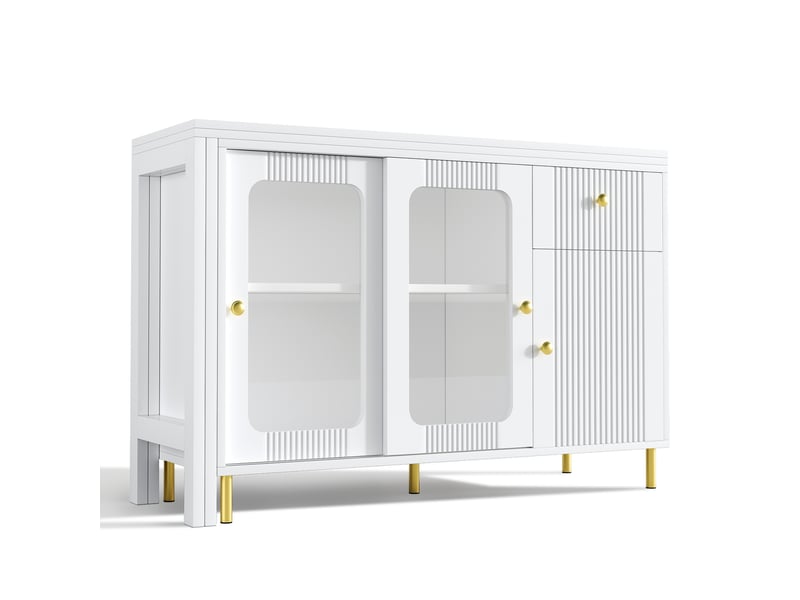  Buffet blanc 120x45x85 cm – plateau extensible et pivotant, portes coulissantes en verre, pieds en métal doré  - Conforama A