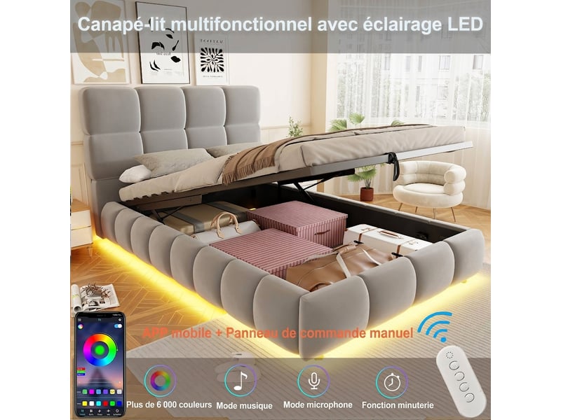  Lit coffre capitonné 90x200 velours gris avec led, rangement hydraulique et tête de lit rembourrée sans matelas  - Conforama E