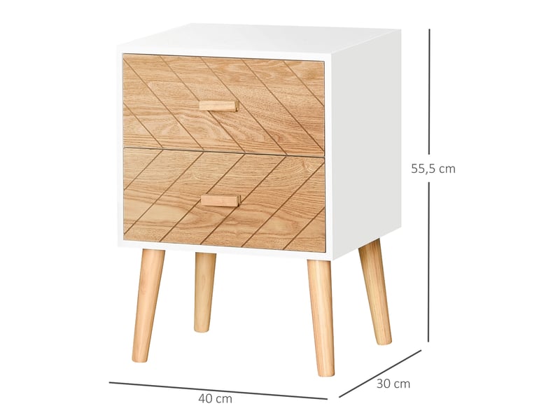  Chevet table de nuit design scandinave 40l x 30l x 56h cm tiroirs bois massif pin mdf blanc et hêtre motif graphique  - Conforama C