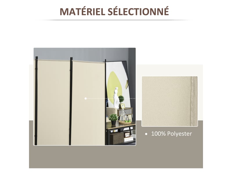  Paravent 3 panneaux dim. 2,53l x 0,5l x 1,82h m store latéral brise-vue paravent sur pied métal séparateur polyester  - Conforama E