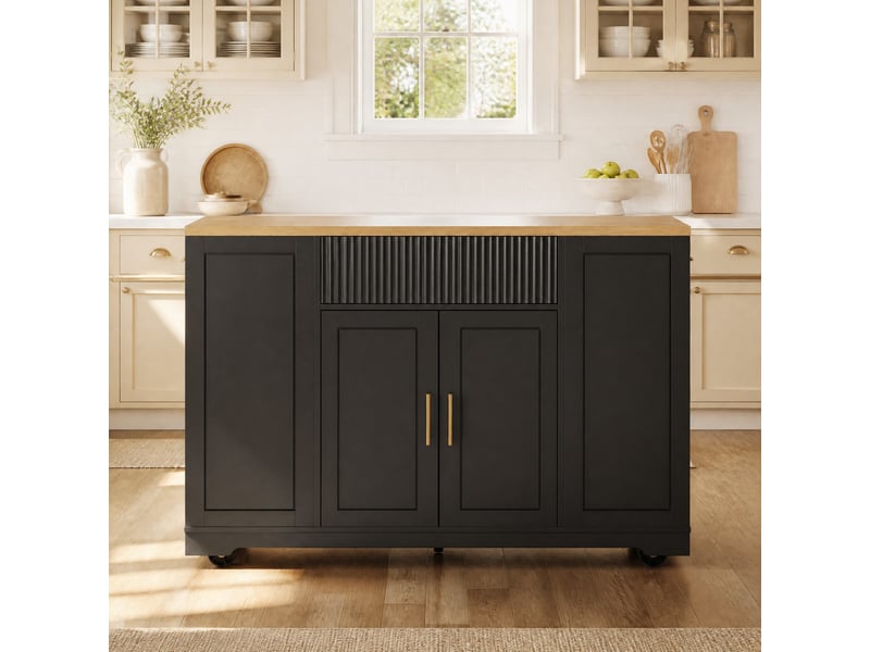  Îlot de cuisine sur roulettes 120x50x92 cm, 2 portes et 3 tiroirs, noir  - Conforama C