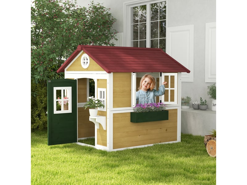  Cabane enfant extérieur maison enfant extérieure avec porte fenêtres et jardinières beige 114 x 126,4 x 135 cm  - Conforama B
