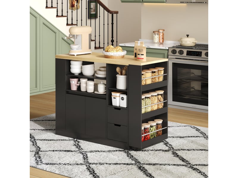  Îlot de cuisine avec table extensible 115 cm plateau pivotant noir et bois naturel  - Conforama R