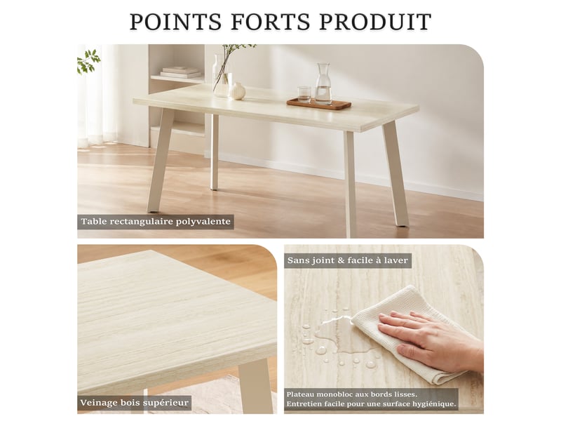  Table de salle à manger - plateau monobloc et pieds inclinés en métal avec patins réglables - travertin  - Conforama D
