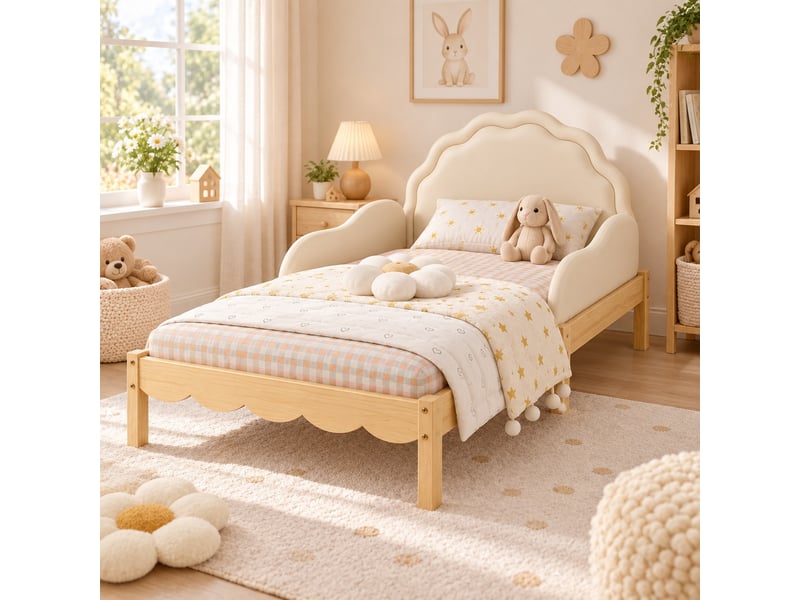 Lit enfant rembourré 90 x 200 cm avec tête de lit en pu, barrières latérales, sommier à lattes, beige et naturel - Conforama B