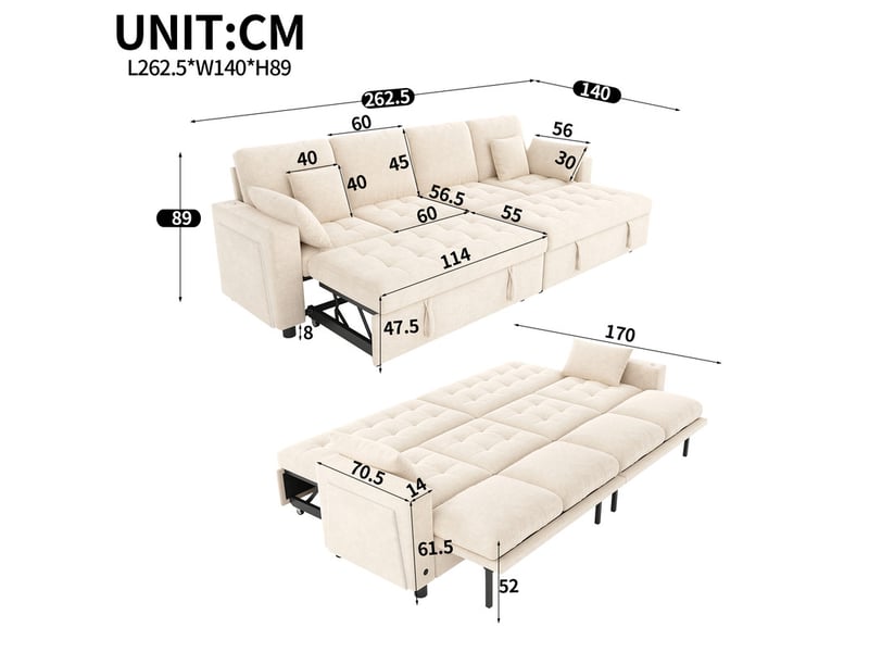  Canapé d'angle convertible,4 places, avec éclairage led, usbtype-c,262 x 140 x 89cm,beige  - Conforama C
