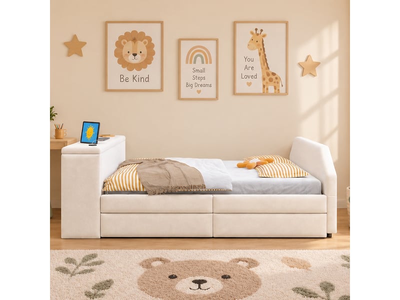 Lit gigogne 90x180200 cm avec bureau coloris beige tissu - Conforama D