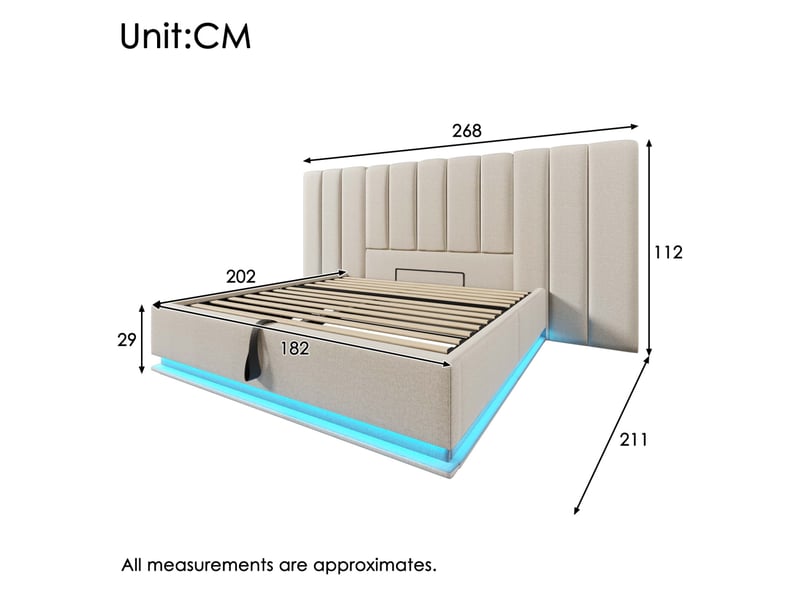  Lit coffre tapissier 180x200 cm beige avec matelas h3 à ressorts ensachés 7 zones, sommier à lattes, rangement hydraulique, led 360°, 3 ports usb et 1 port usb-c, structure en métal, bois massif et lin  - Conforama C