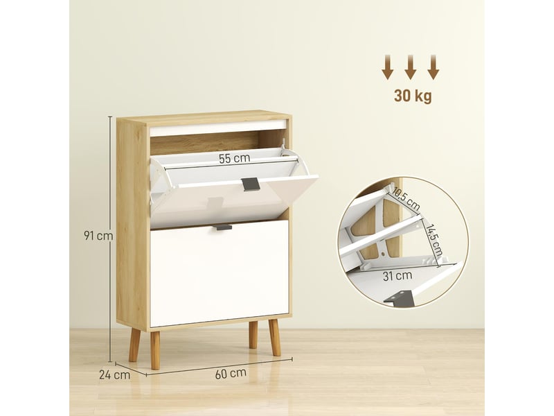  Meuble à chaussures 2 tiroirs rabattables mdf blanc et coloris chêne 60 x 24 x 91 cm  - Conforama C