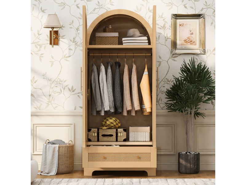 Armoire penderie 2 portes 70x55x170 cm - rangement avec tiroirs et étagères - effet rotin - bois naturel - Conforama B