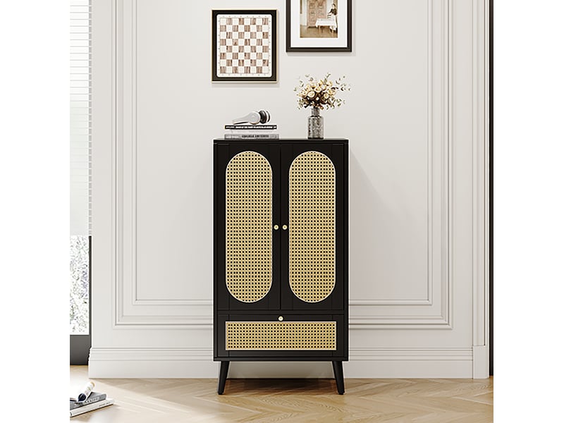  Buffet haut 60 x 40 x 110,5 cm, 2 portes, 1 tiroir, rotin noir, pieds réglables  - Conforama D