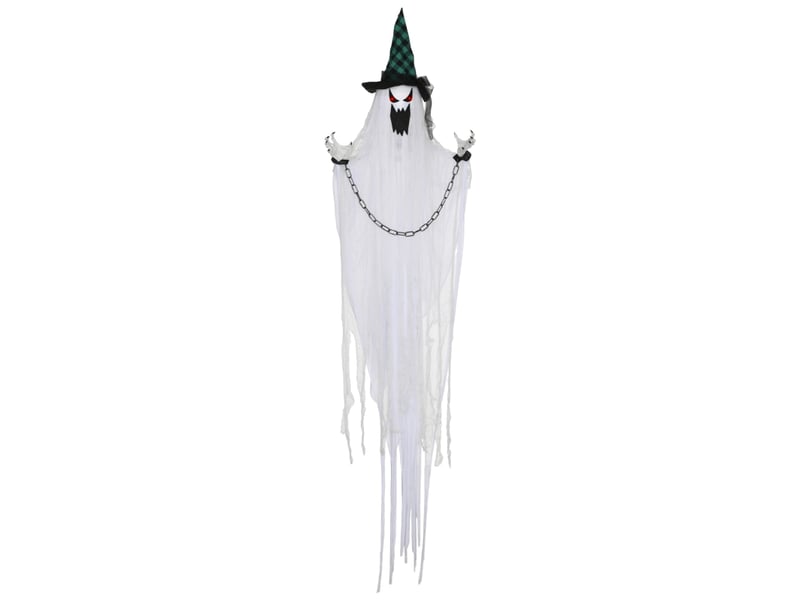 Décoration halloween suspendue fantôme avec mouvements, sons hurlants et yeux lumineux pour intérieur, 88×16×204 cm - Conforama A