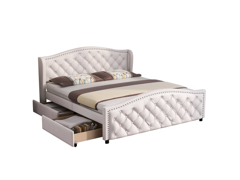 Lit double 160x200 cm bois et similicuir blanc - tête capitonnée - 2 tiroirs  - Conforama A