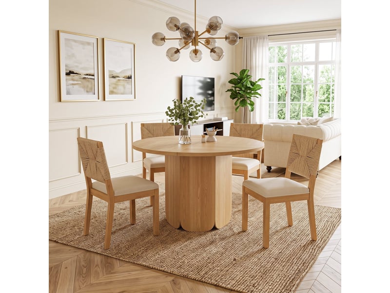  Ensemble table ronde 120 cm + 4 chaises de salle à manger, style scandinave &amp; mid-century, rotin cannage, assise lin beige  - Conforama R