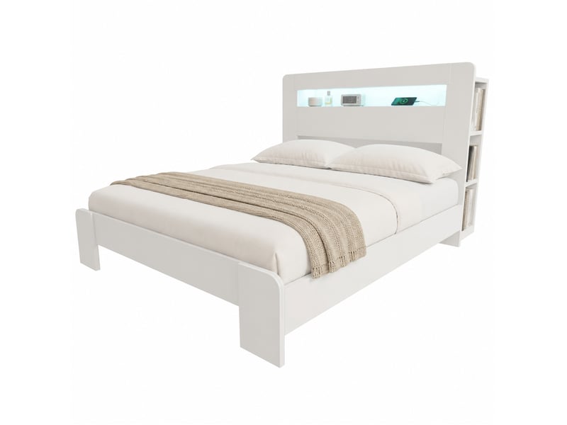  Lit plateforme bois 140 x 200 cm, tête de lit avec rangements, éclairage led et prises, finition blanche  - Conforama A