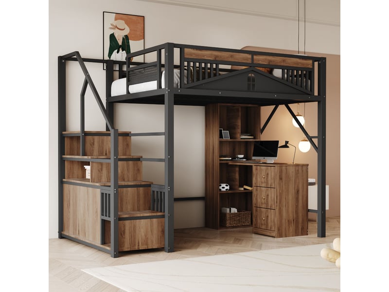  Lit mezzanine noir 140x200cm avec escalier rangement, fenêtre, structure robuste, confort durable - fer et mdf - pour enfant ado  - Conforama C