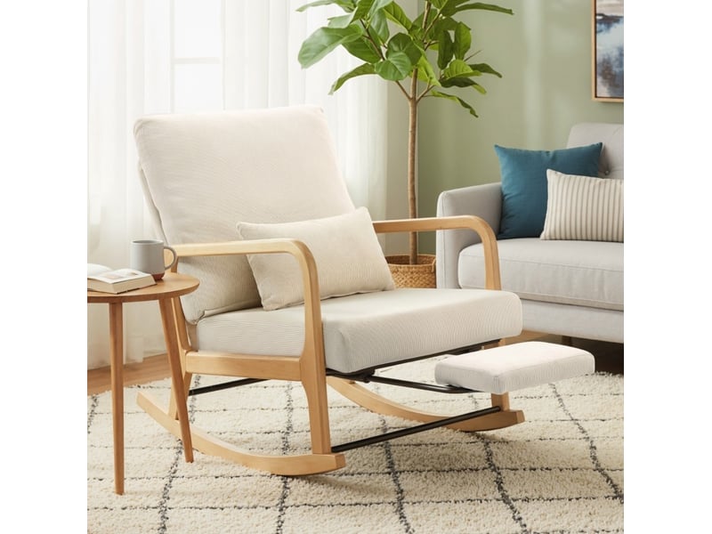  Fauteuil à bascule 89 x 70 x 97,5 cm crème en velours côtelé polyester, dossier réglable et repose-pieds  - Conforama B