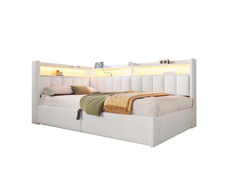 Lit coffre hydraulique 90x200 cm avec led, usb-a et usb-c et tête réversible, velours crème, sans matelas - Conforama A