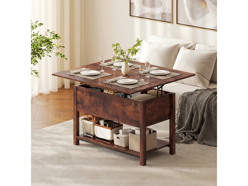  Table basse relevable et extensible table de salon avec compartiment caché étagère ouverte 100x45x50,5cm brun rustique  - Conforama D