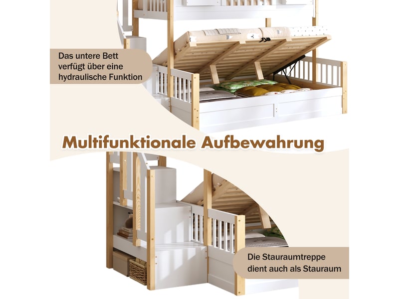 Lit superposé 90 × 200 et 140 × 200 cm 3 places avec coffre hydraulique, escalier de rangement et led, sans matelas - Conforama E