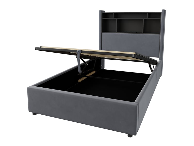  Lit coffre enfant 90x200 cm avec led, station de recharge et coffre hydraulique, velours gris foncé, bois et métal  - Conforama E