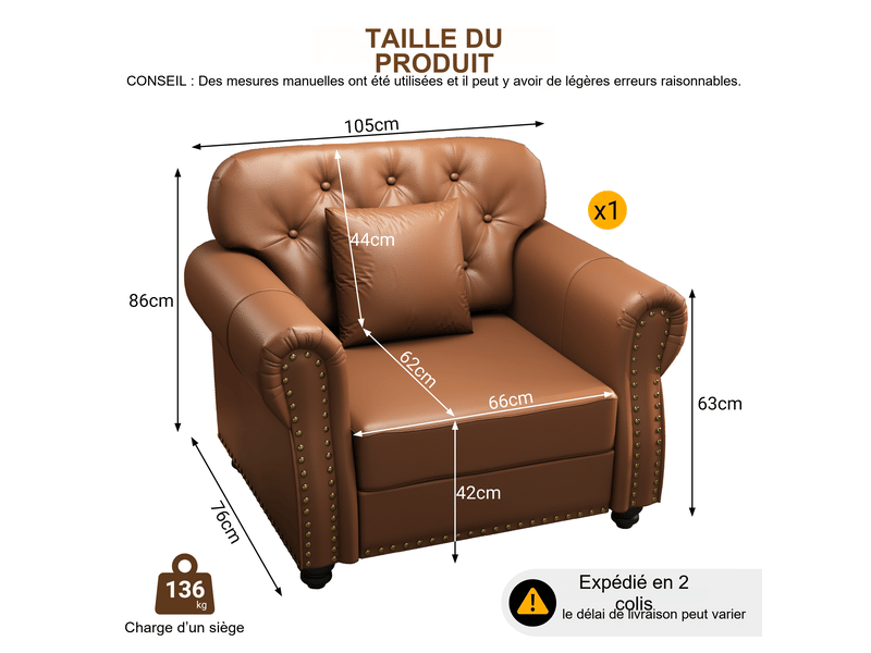  Fauteuil chesterfield fixe 1 place en simili marron 105 x 76 x 86 cm, capitonné avec coussin et ressorts ensachés pour salon 105X76X86cm - Conforama C