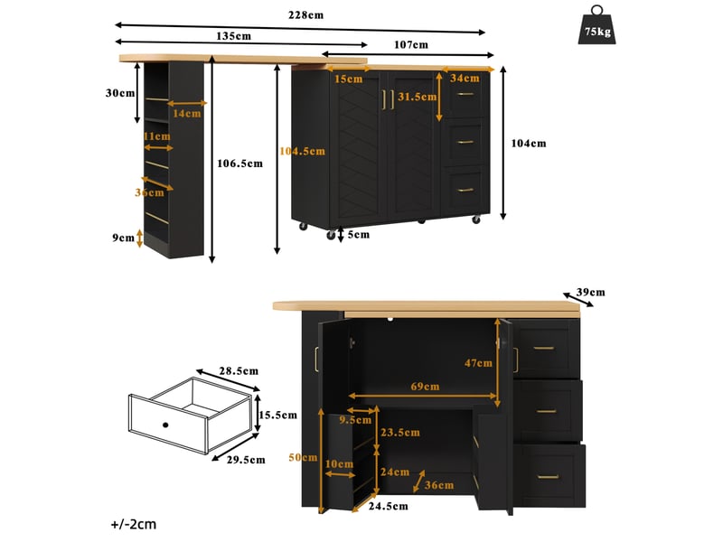  Desserte de bar extensible 135-228x39x104 cm à roulettes en mdf noir  - Conforama E