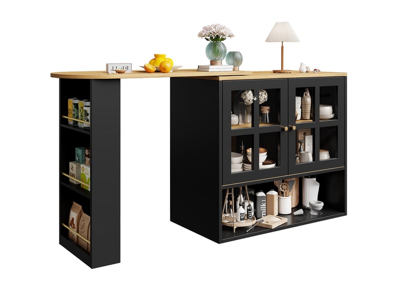 Table de bar pivotante à 360 degrés, îlot de cuisine extensible noir (138-204cm) avec étagères de rangement et portes en verre. - Conforama A