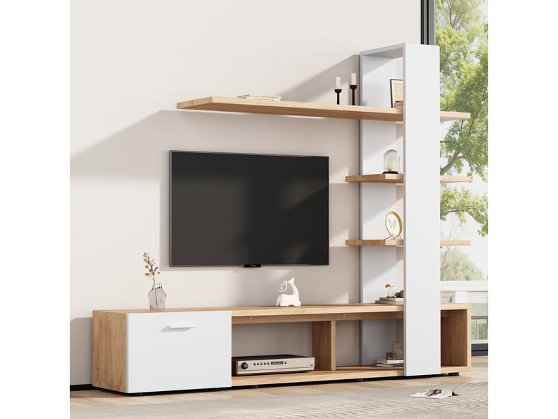  Meuble tv mural moderne ensemble meuble salon 180 cm pour tv jusqu'à 60 pouces bois et blanc  - Conforama B