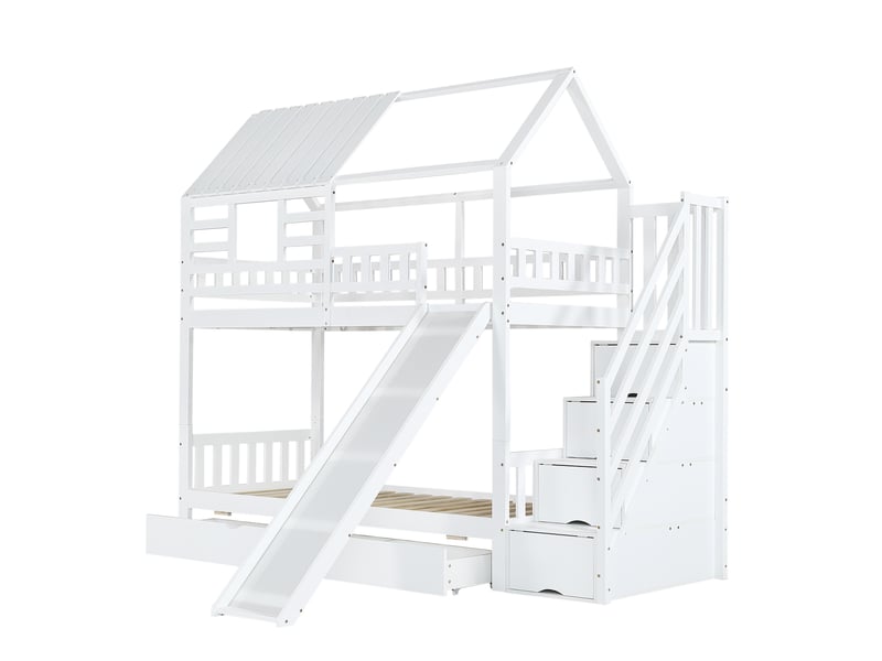 Lit superposé 90x200 cm avec toboggan et escalier, lit cabane enfant avec rangements et tiroir de lit, bois de pin et mdf robuste, blanc - Conforama D
