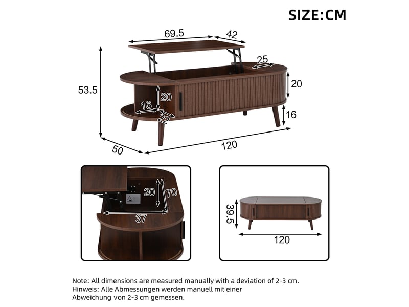 Table basse relevable avec plateau relevable, rangement caché et 4 niches latérales, style noyer, en mdf, noyer - Conforama D