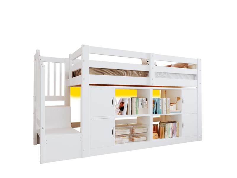 Lit mezzanine enfant 90x200 cm – blanc – rangements, bibliothèque, escalier avec rangement et led - sans matelas - Conforama A