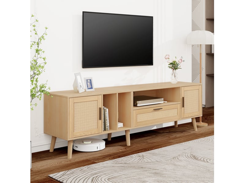  Meuble tv modenvie 180 x 40 x 54 cm avec 2 portes, tiroir et rangement chêne clair  - Conforama D