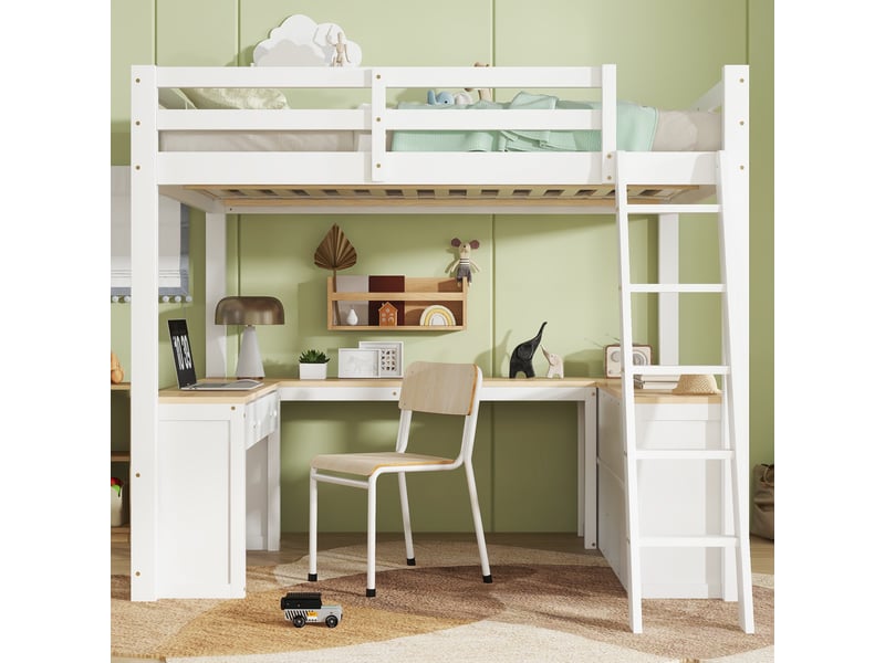  Lit mezzanine 140 × 200 cm avec bureau en u, 2 tiroirs et étagère, blancnaturel IKSETERA TRADING LTD - Conforama D