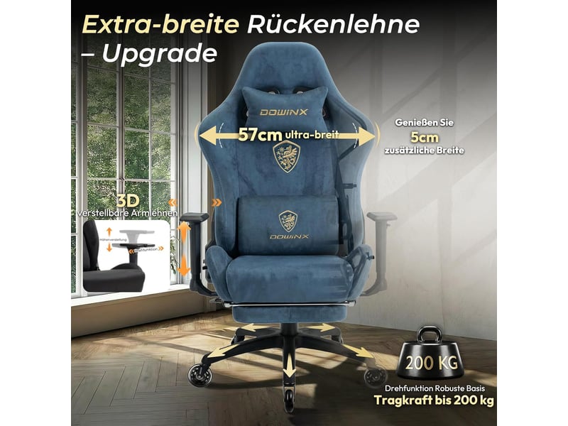 Fauteuil gaming ergonomique – velours – repose-pieds – dossier inclinable jusqu’à 160° – bleu - Conforama E