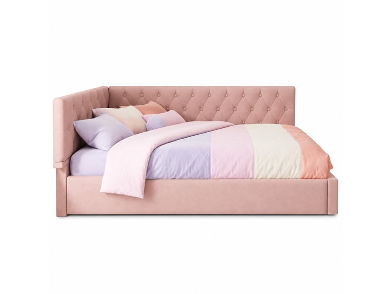 Lit coffre enfant 90x190 cm, sommier à lattes, canapé-lit en l, style moderne, velours rose - Conforama A