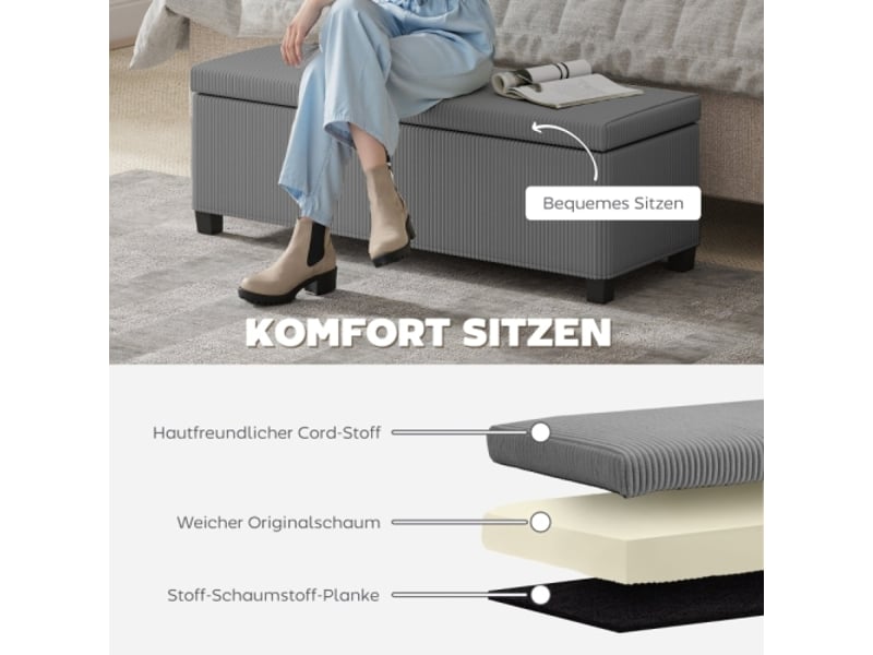 Banc coffre gris en velours côtelé avec rangement, rembourré, pour salon, chambre et entrée  - Conforama E