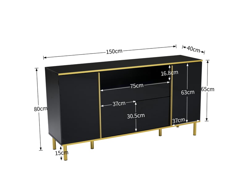 Buffet bas noir brillant avec led, 4 portes et 1 tiroir - 150 x 40 x 80 cm - Conforama E