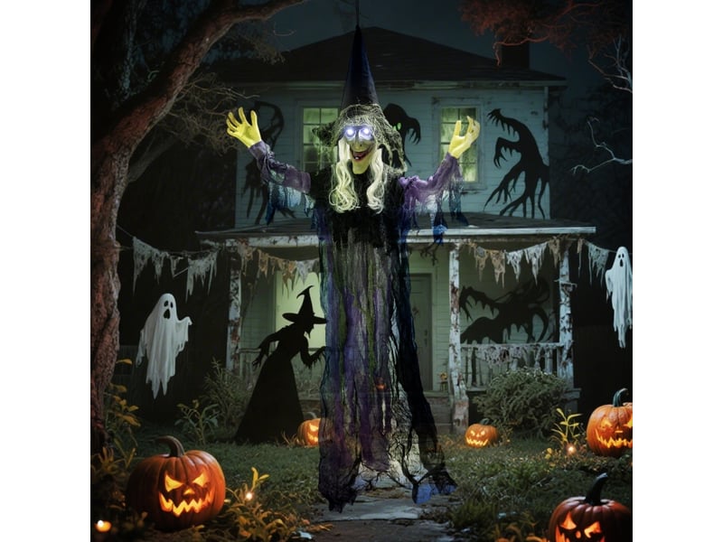  Décoration halloween sorcière animée avec yeux led, sons et bras articulés en acier et polyester violet 80 × 15 × 183 cm  - Conforama B