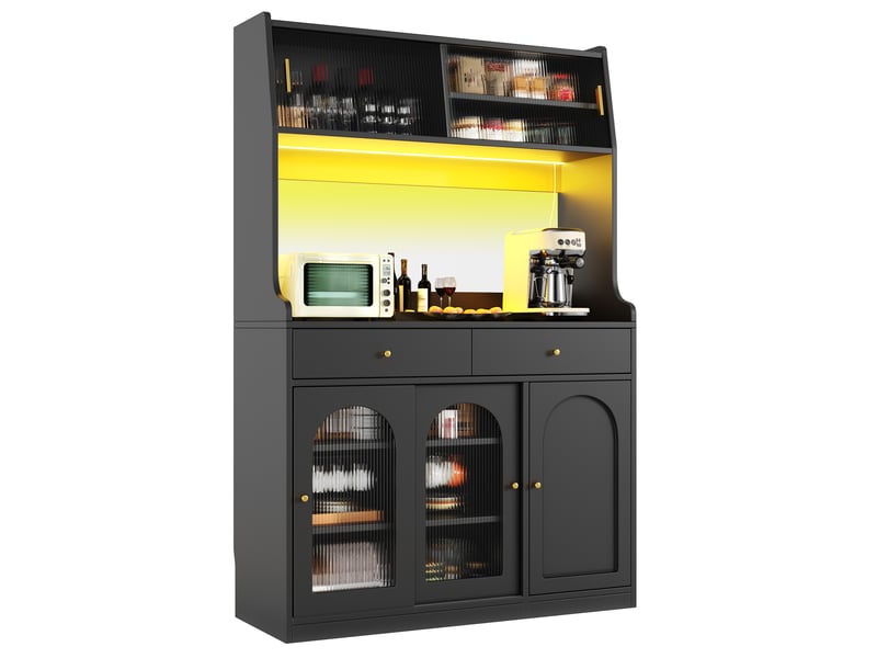  Buffet cuisine 4 portes dont 2 vitrées et 2 tiroirs, 120 x 40 x 180 cm, éclairage led, étagères réglables et anti-basculement, mdf, noir Morn Vibe - Conforama A