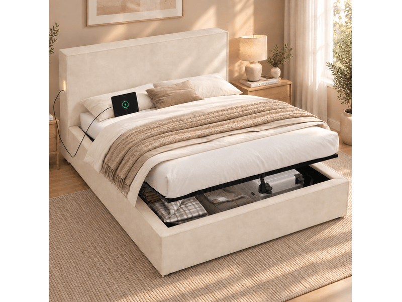  Lit coffre modenvie 120 x 200 cm hydraulique en chenille beige avec sommier à lattes  - Conforama B