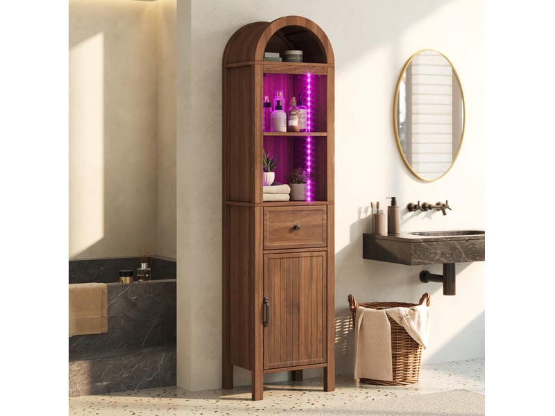  Armoire de salle de bains haute 163 cm en mdf bois foncé avec led rgb et porte réversible, rangement optimisé  - Conforama B